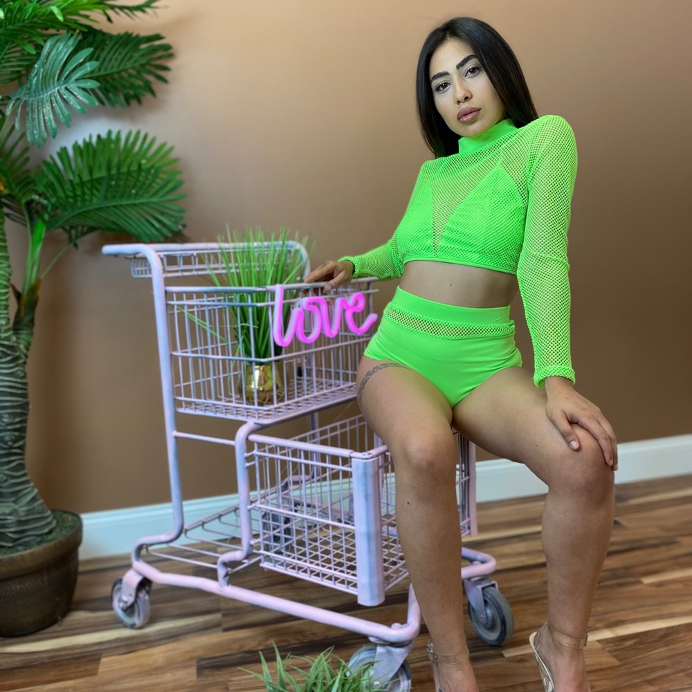 ‼️ Neon Green Net Mesh Highwaist Swim Set